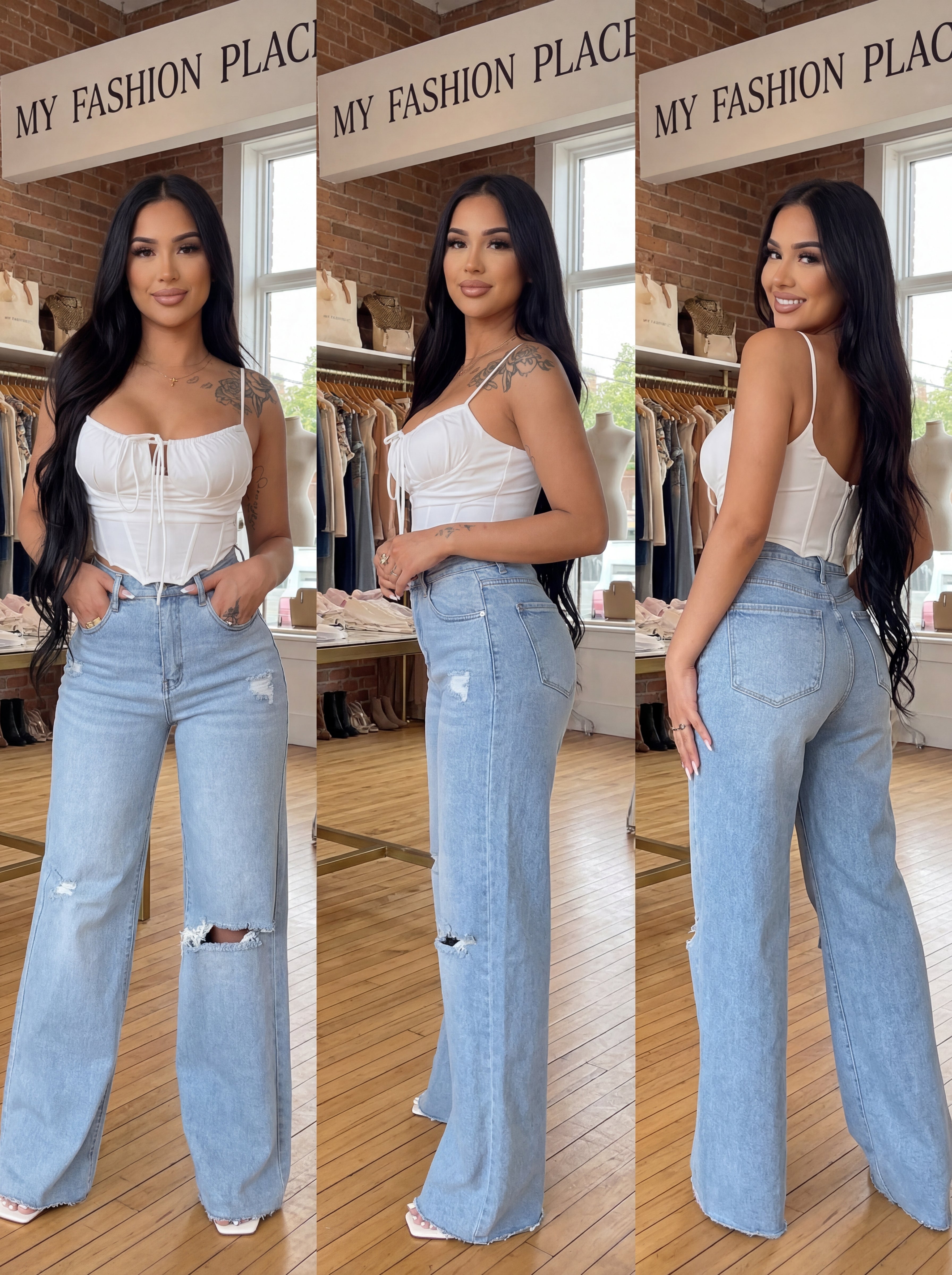 Conjunto de top con jeans anchos rotos de talle alto