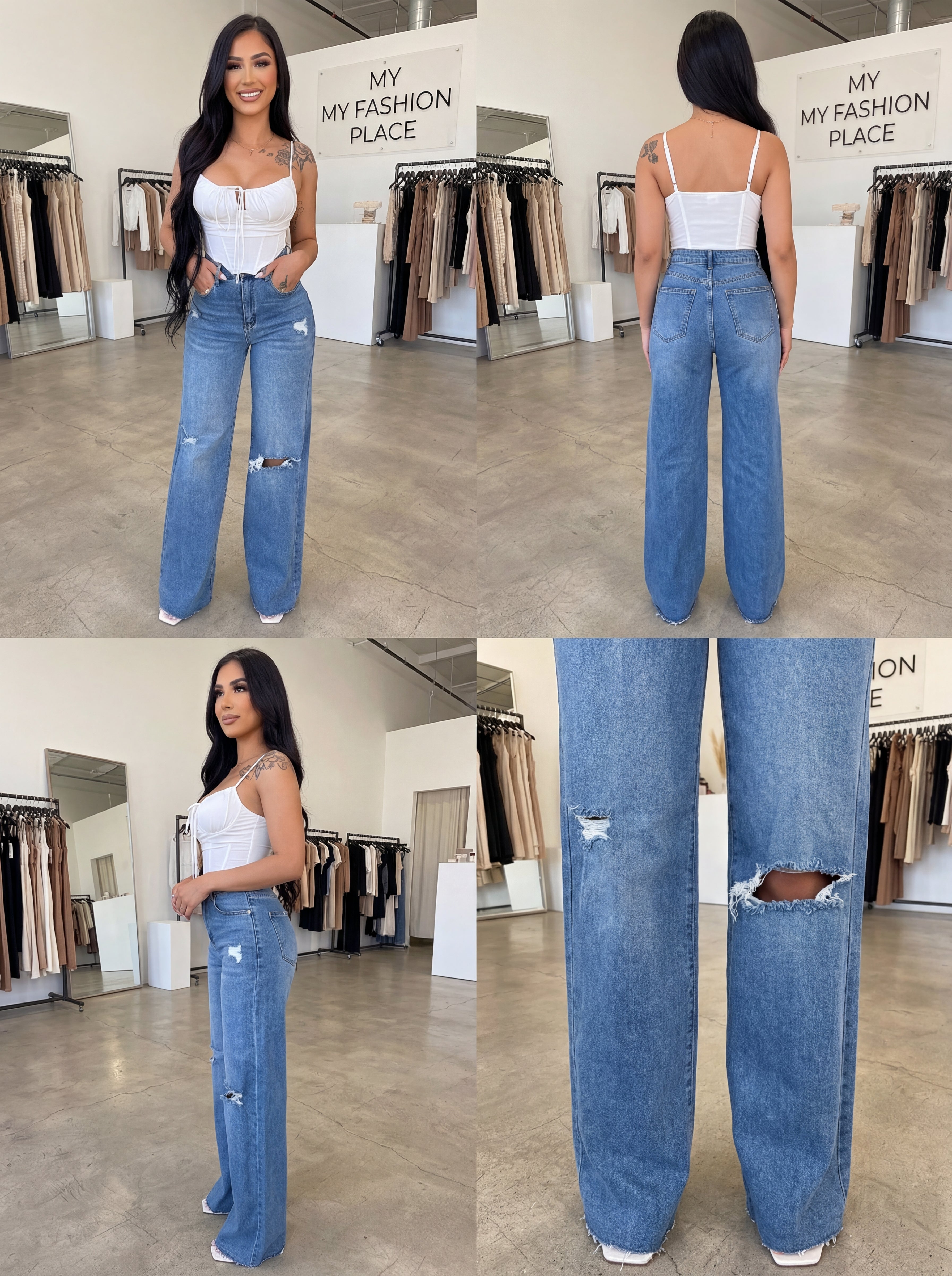 Conjunto de top con jeans anchos rotos de talle alto